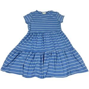See You Monday Dress Blue White Stripe Short Sleeve Crewneck Tiered Mini Women L